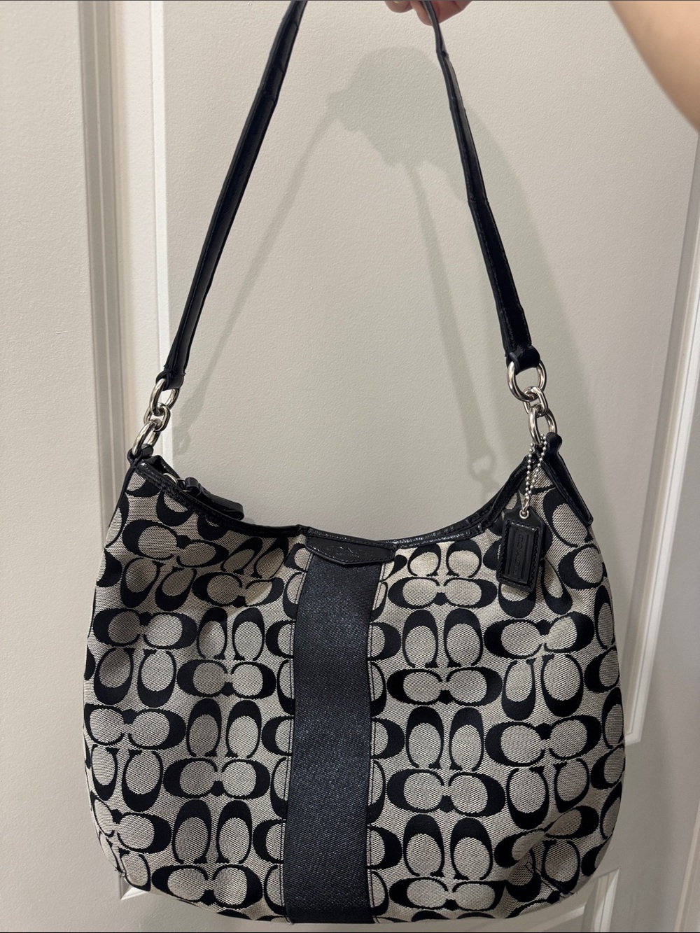 Coach Black and Cream Signature Canvas Hobo